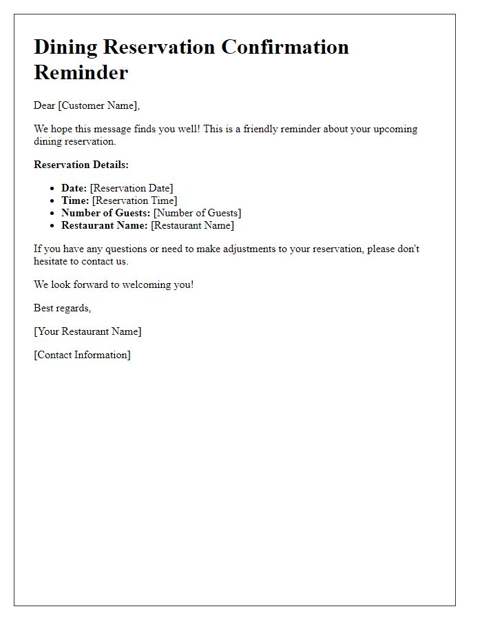 Letter template of dining reservation confirmation reminder