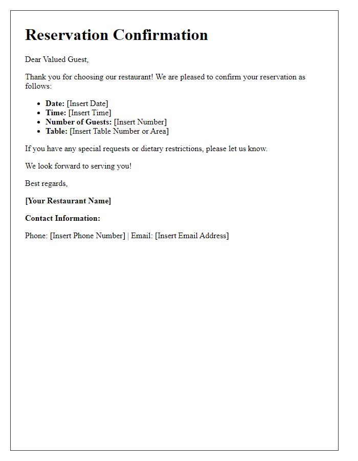 Letter template of restaurant reservation alert