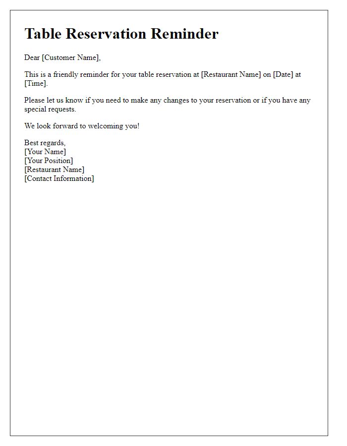 Letter template of table reservation reminder