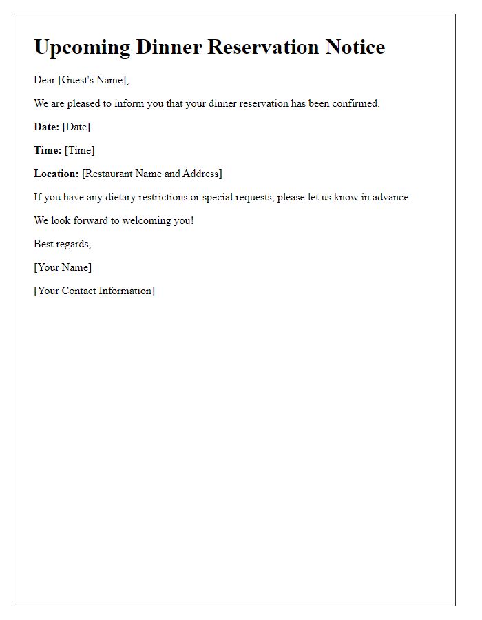 Letter template of upcoming dinner reservation notice