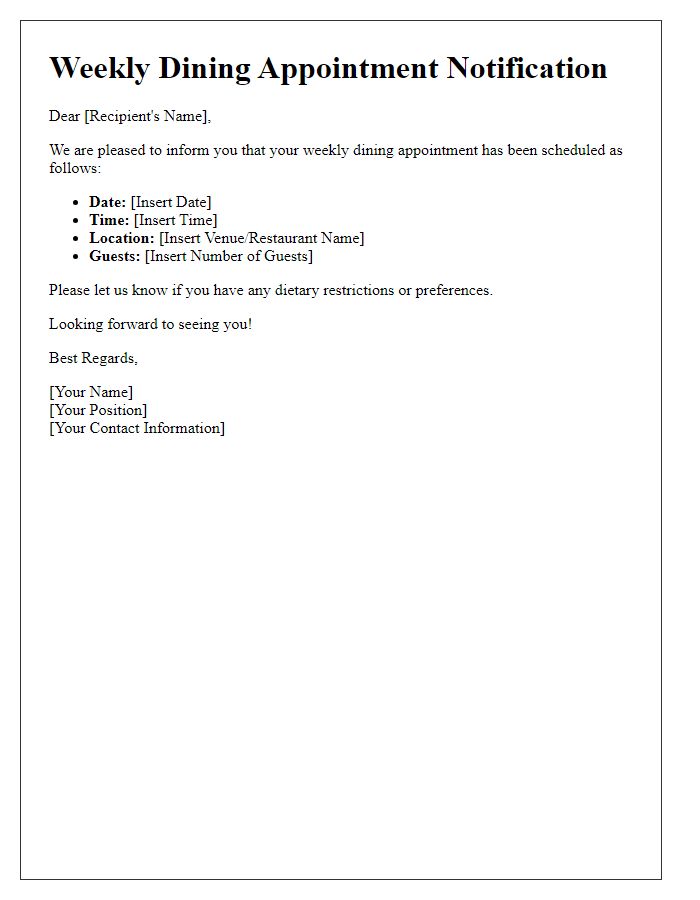 Letter template of weekly dining appointment notification