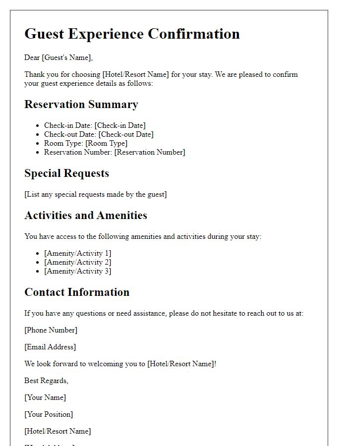 Letter template of confirming guest experience details