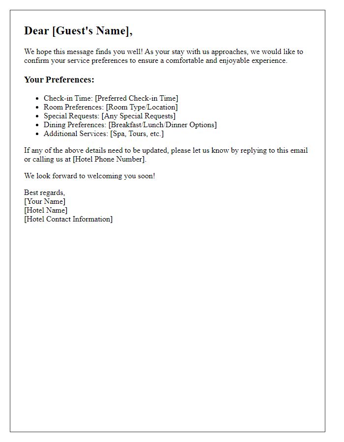 Letter template of double-checking guest service preferences