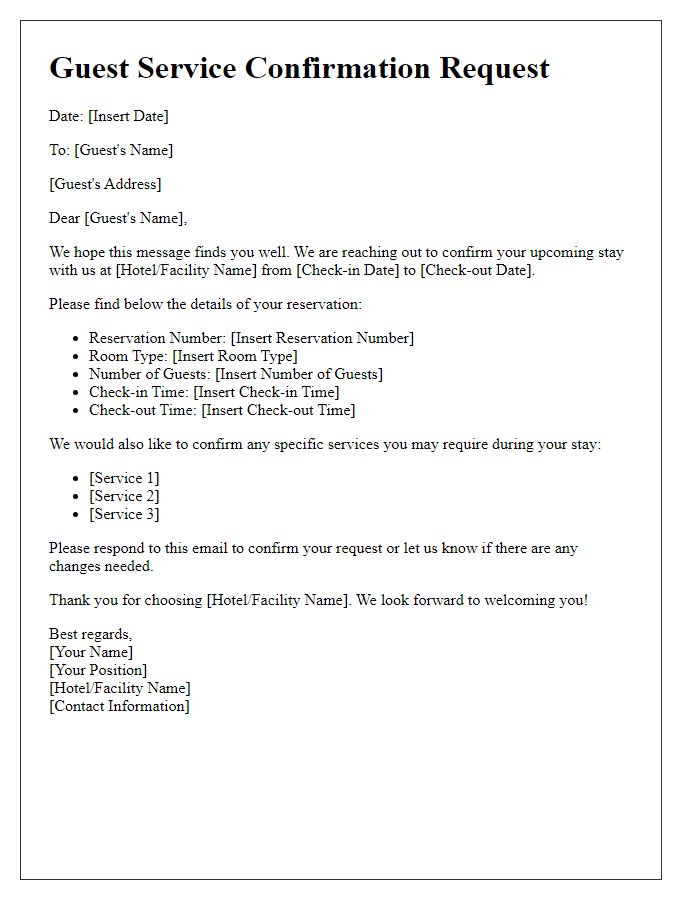 Letter template of guest service confirmation request