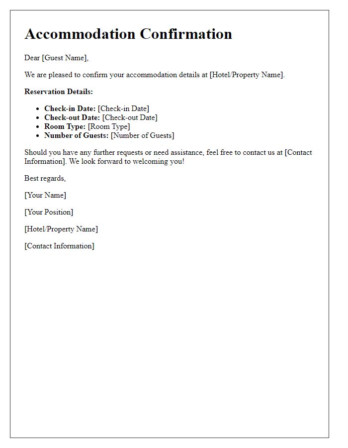 Letter template of reaffirming guest accommodations