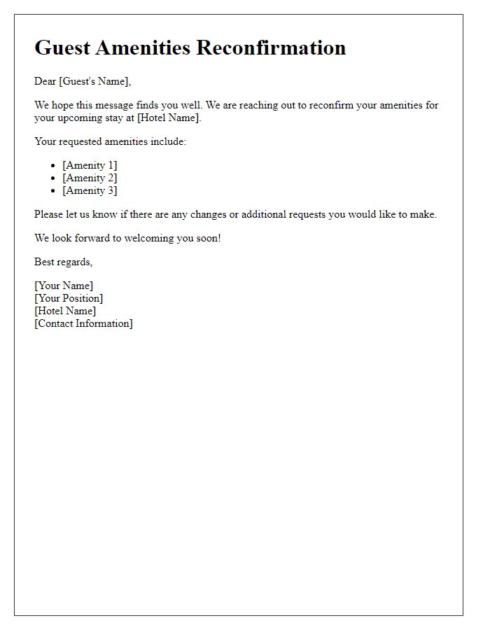 Letter template of reconfirmation for guest amenities