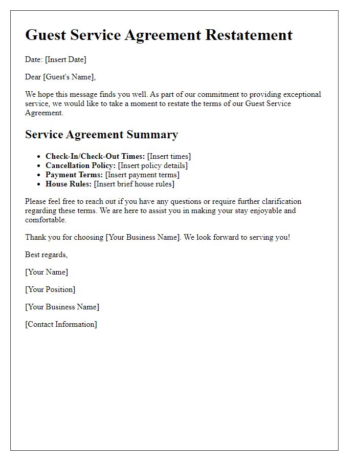 Letter template of restating guest service agreements