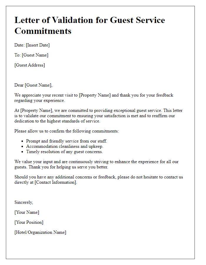 Letter template of validating guest service commitments