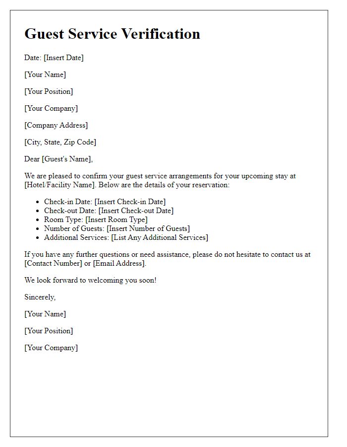 Letter template of verifying guest service arrangements