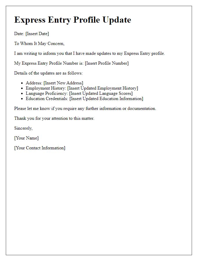 Letter template of express entry profile update