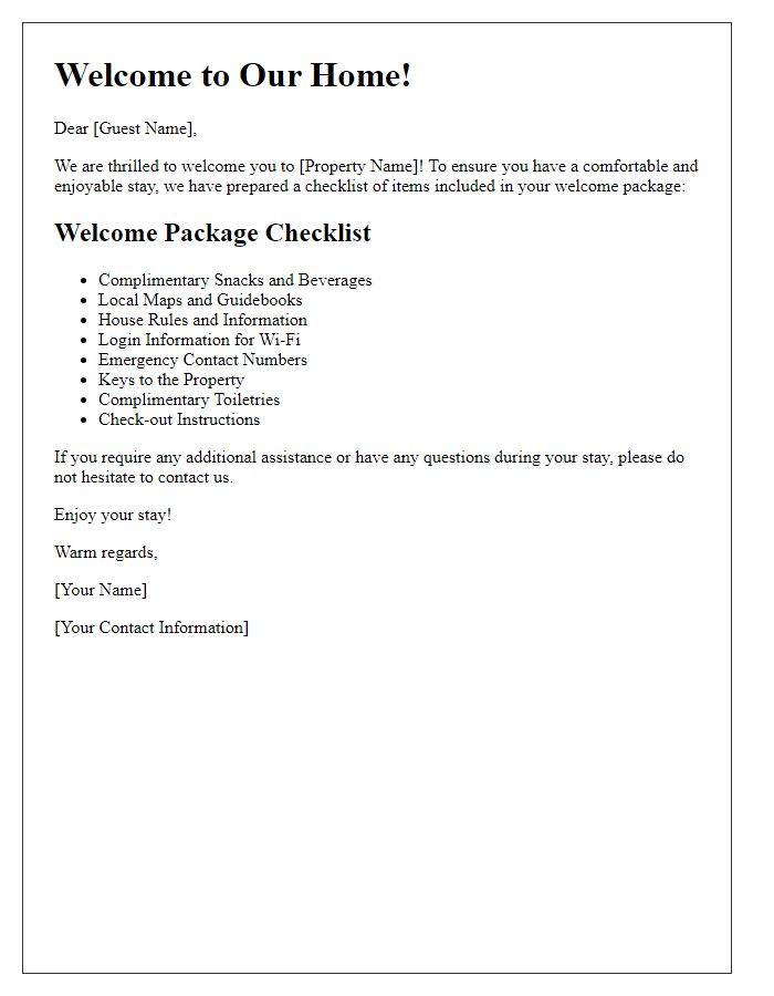 Letter template of guest welcome package checklist