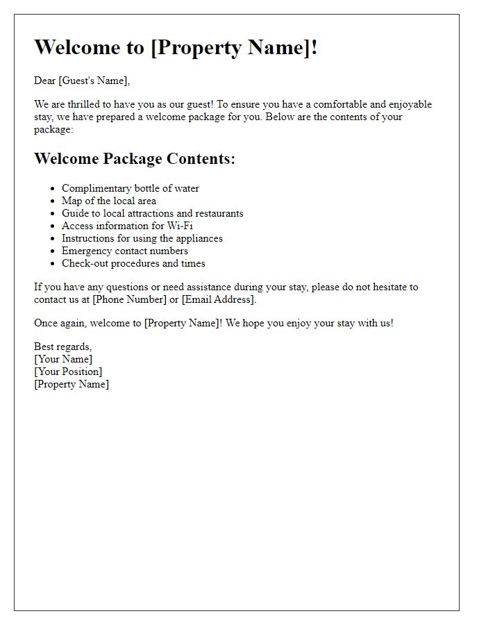 Letter template of guest welcome package contents