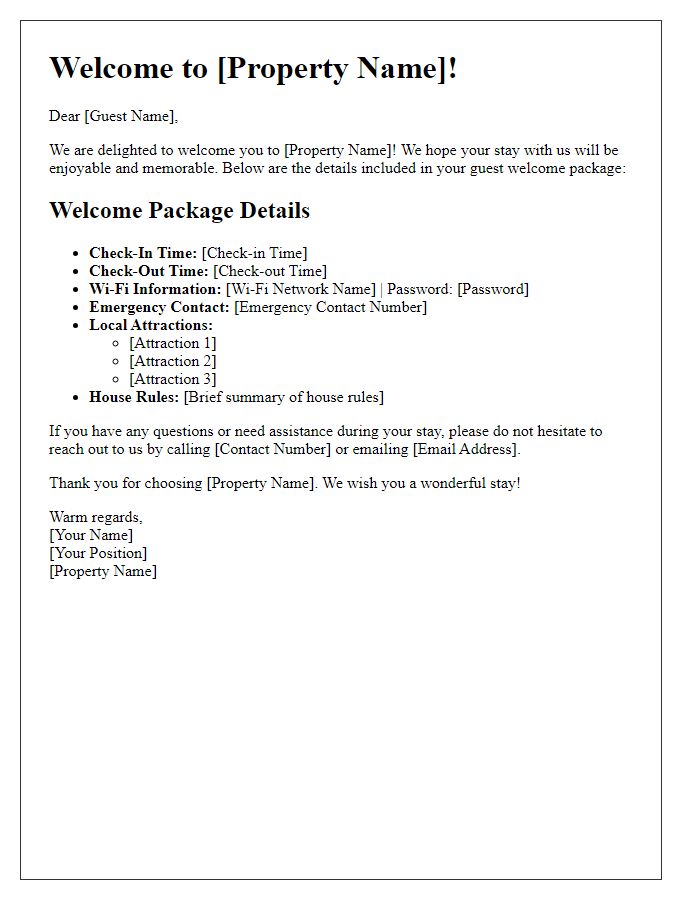 Letter template of guest welcome package details