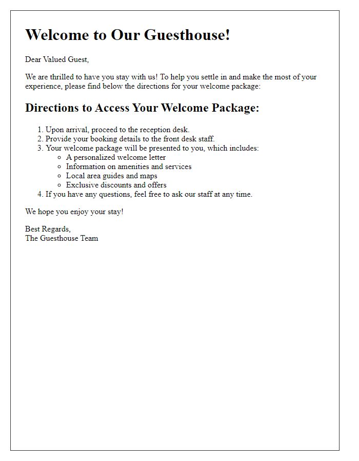 Letter template of guest welcome package directions