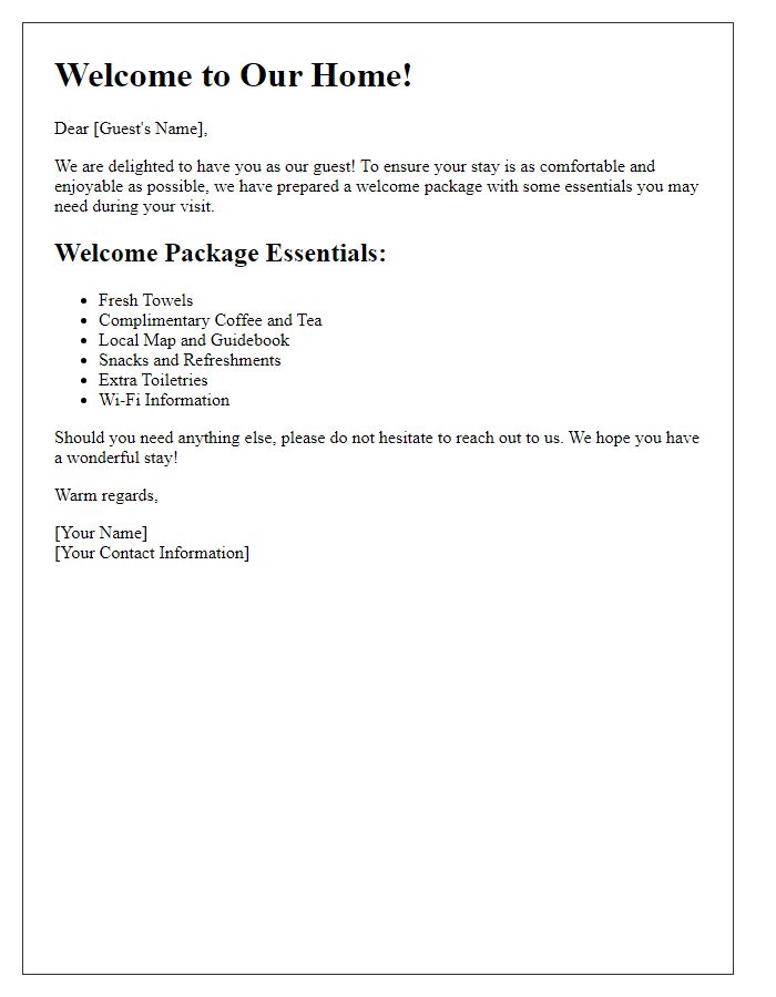 Letter template of guest welcome package essentials