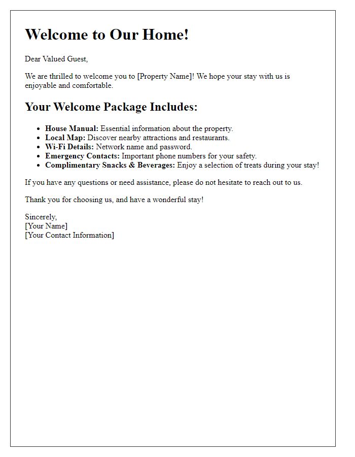 Letter template of guest welcome package information