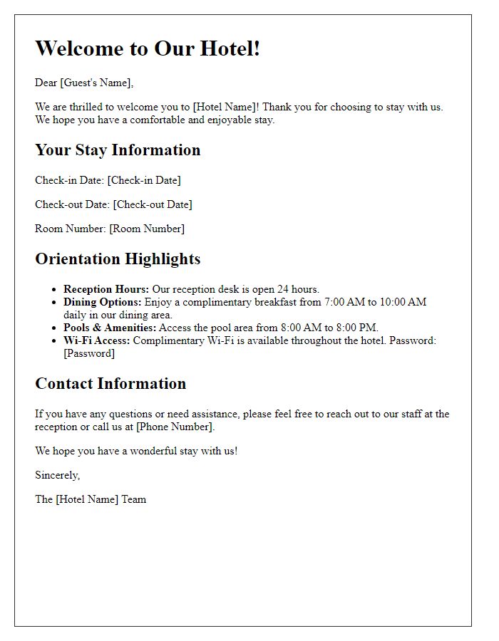 Letter template of guest welcome package orientation