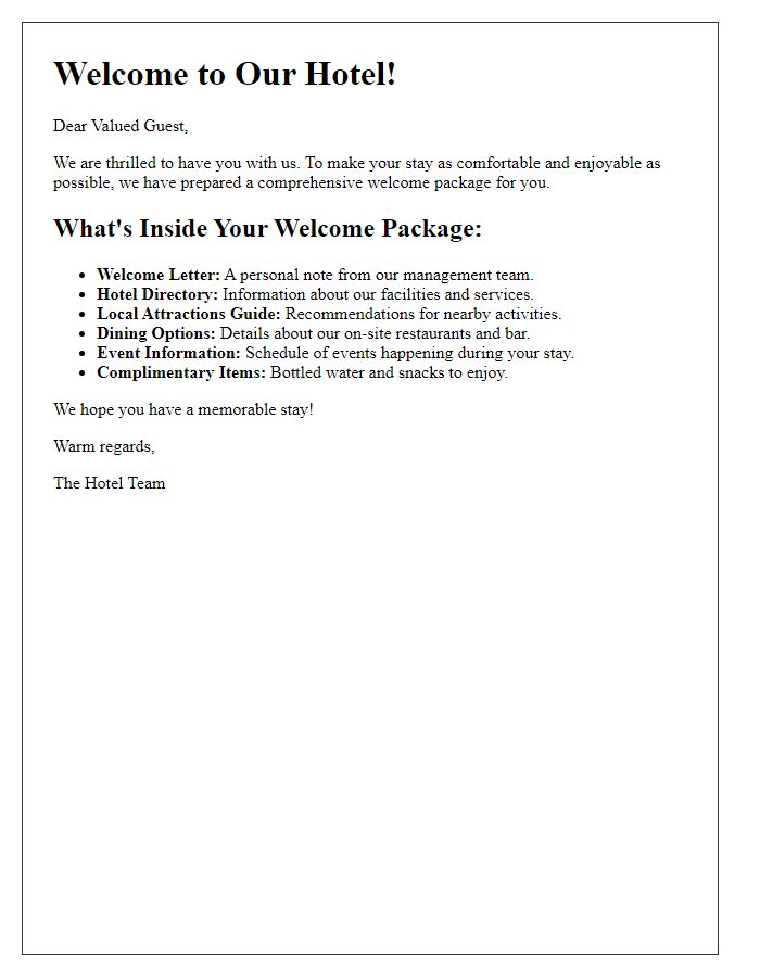 Letter template of guest welcome package overview