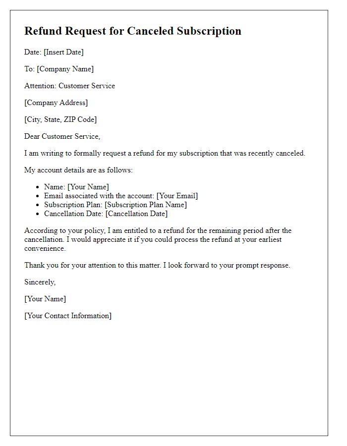 Letter template of refund request for canceled subscription.