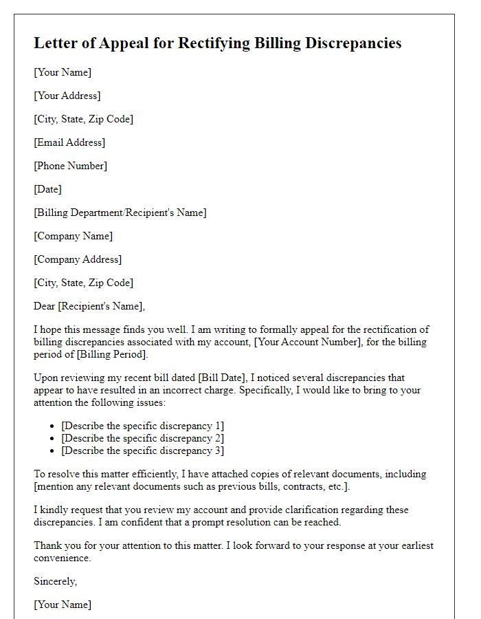 Letter template of appeal for rectifying billing discrepancies