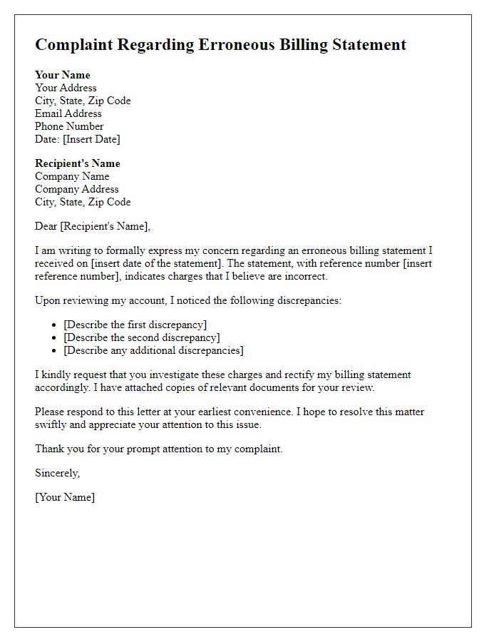 Letter template of complaint regarding erroneous billing statement