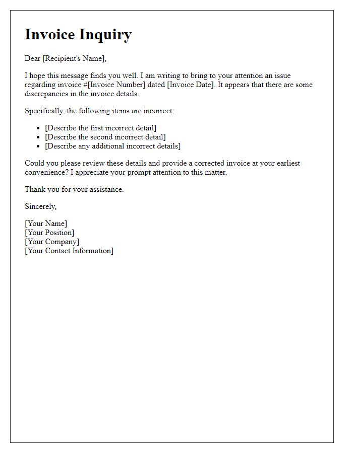 Letter template of inquiry about incorrect invoice details
