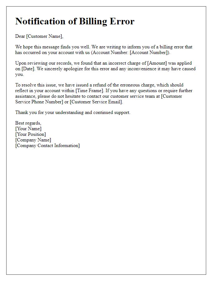 Letter template of notification for billing errors on account