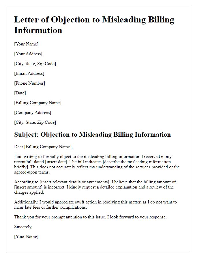 Letter template of objection to misleading billing information