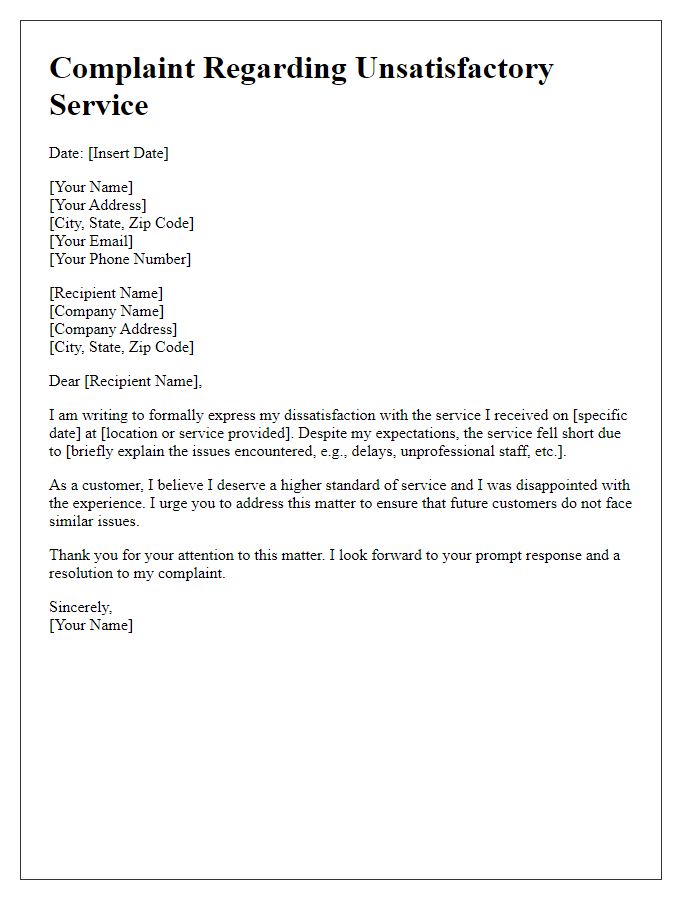 Letter template of complaint regarding unsatisfactory service