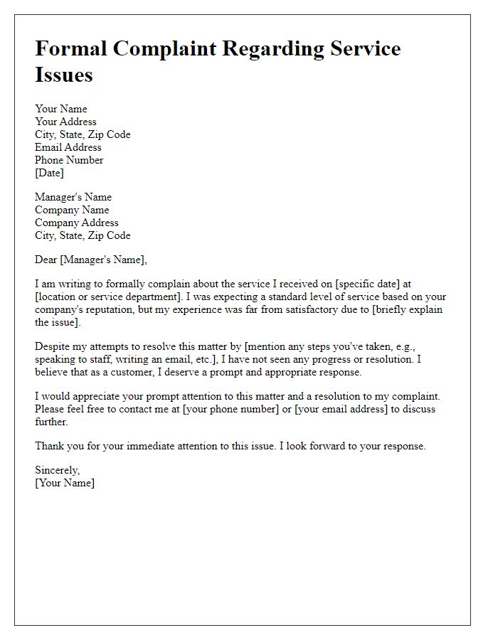 Letter template of formal complaint about service issues