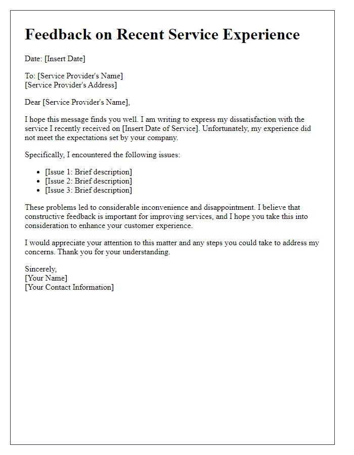 Letter template of negative service feedback