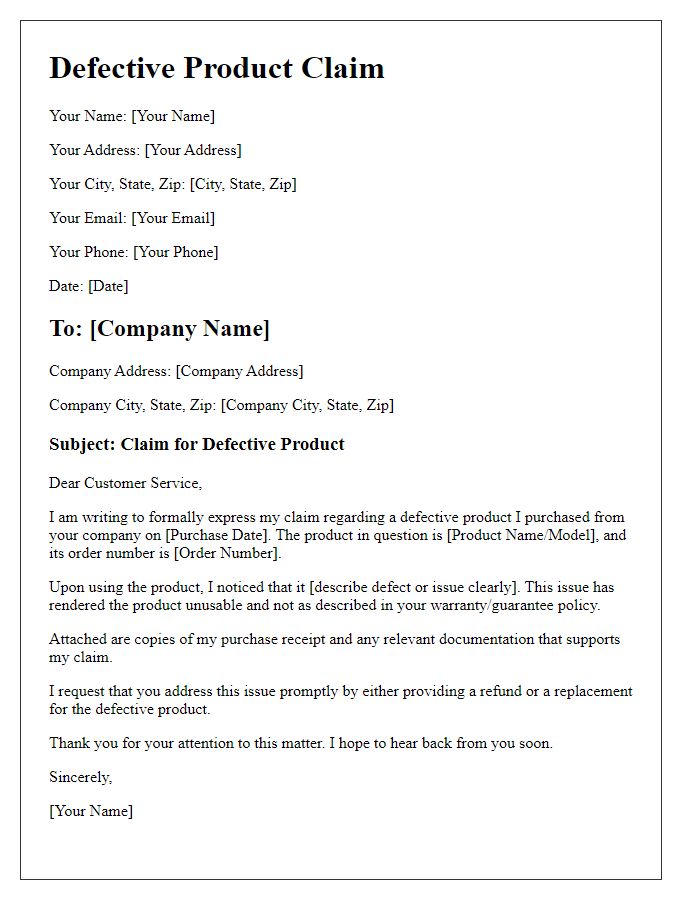 Letter template of defective product description claim