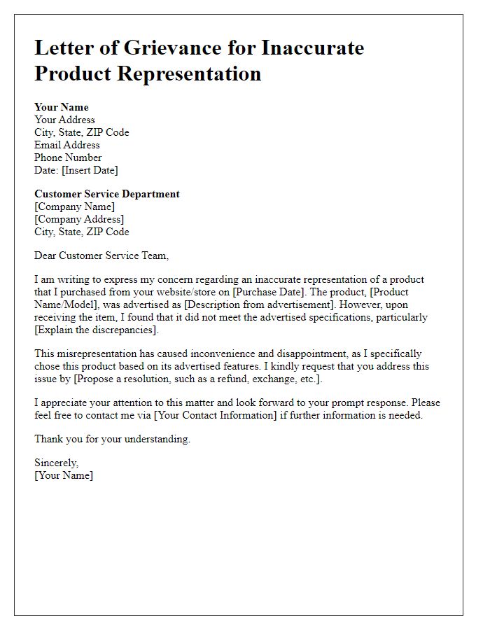 Letter template of inaccurate product representation grievance