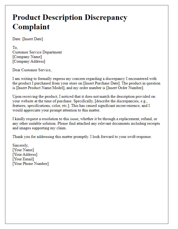 Letter template of product description discrepancy complaint