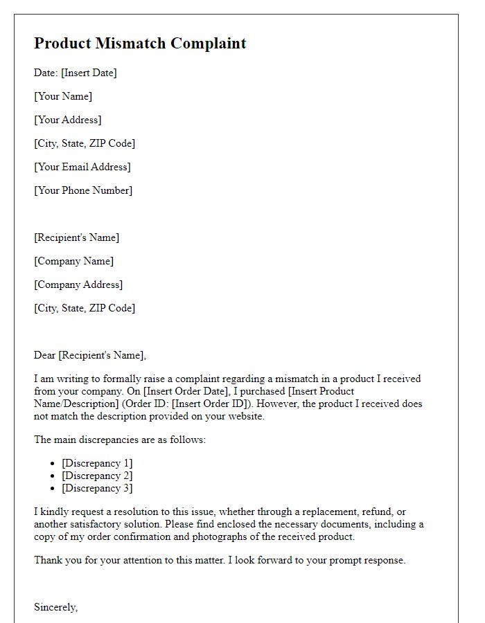 Letter template of product mismatch complaint