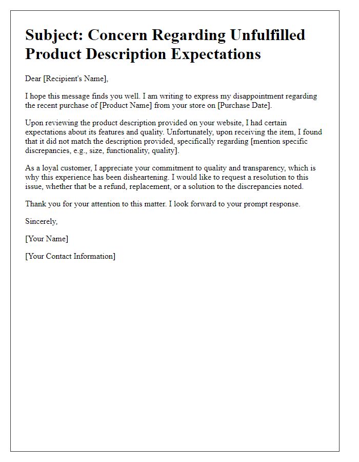 Letter template of unfulfilled product description expectation