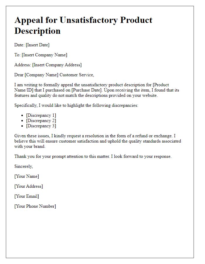 Letter template of unsatisfactory product description appeal