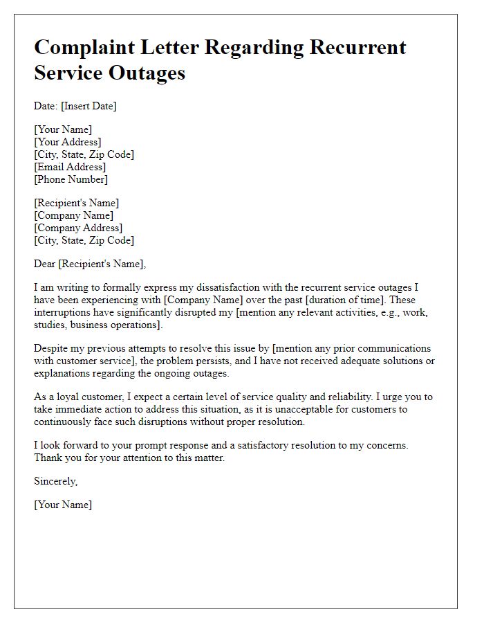 Letter template of complaint about recurrent service outages