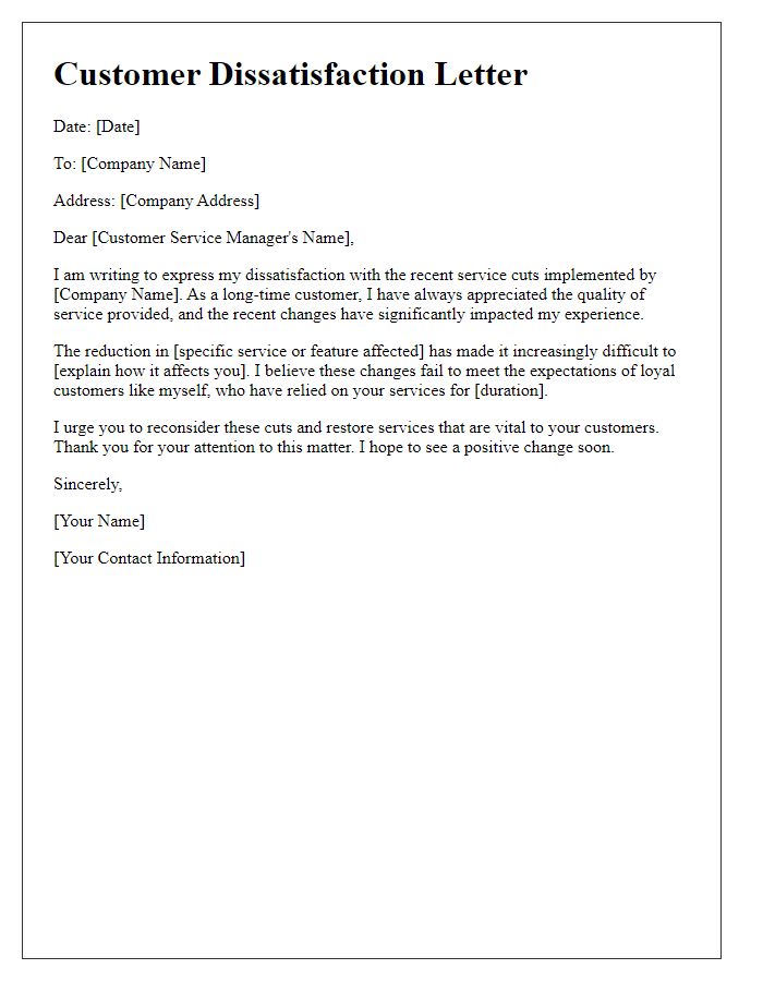 Letter template of customer dissatisfaction regarding service cuts