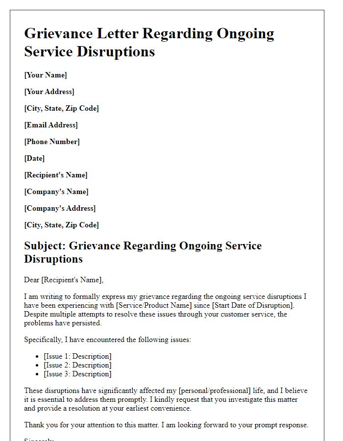 Letter template of grievance for ongoing service disruptions