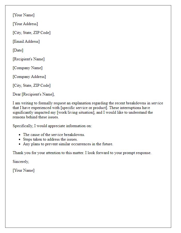 Letter template of request for explanation for service breakdowns