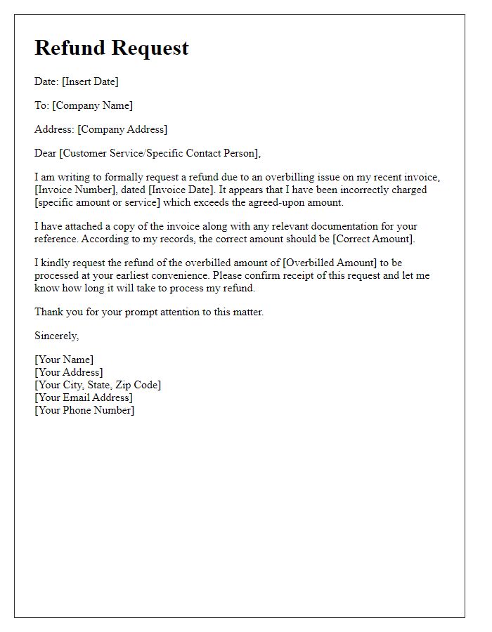 Letter template of refund request for overbilling