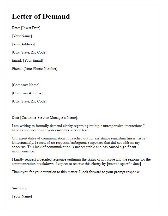 Letter template of demand for clarity on unresponsive customer service interactions