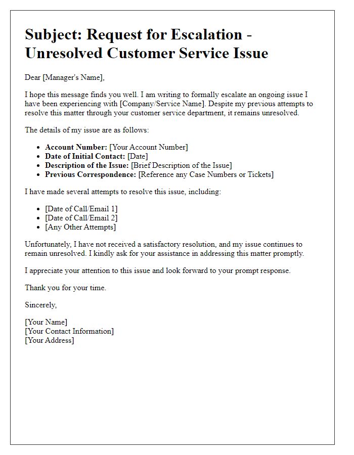 Letter template of escalation for unresolved customer service issue