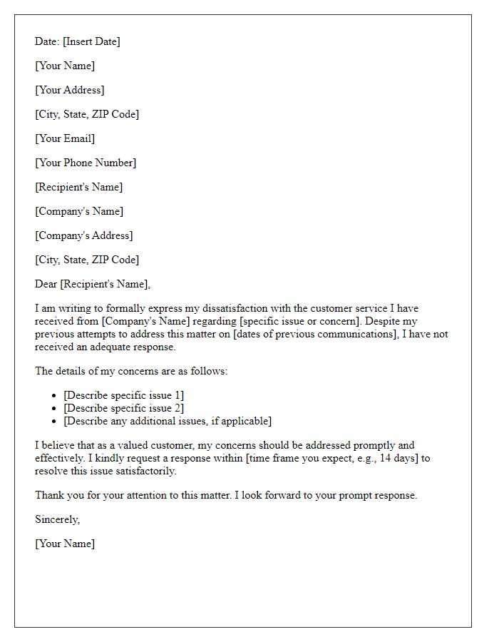 Letter template of formal complaint regarding unaddressed customer service concerns