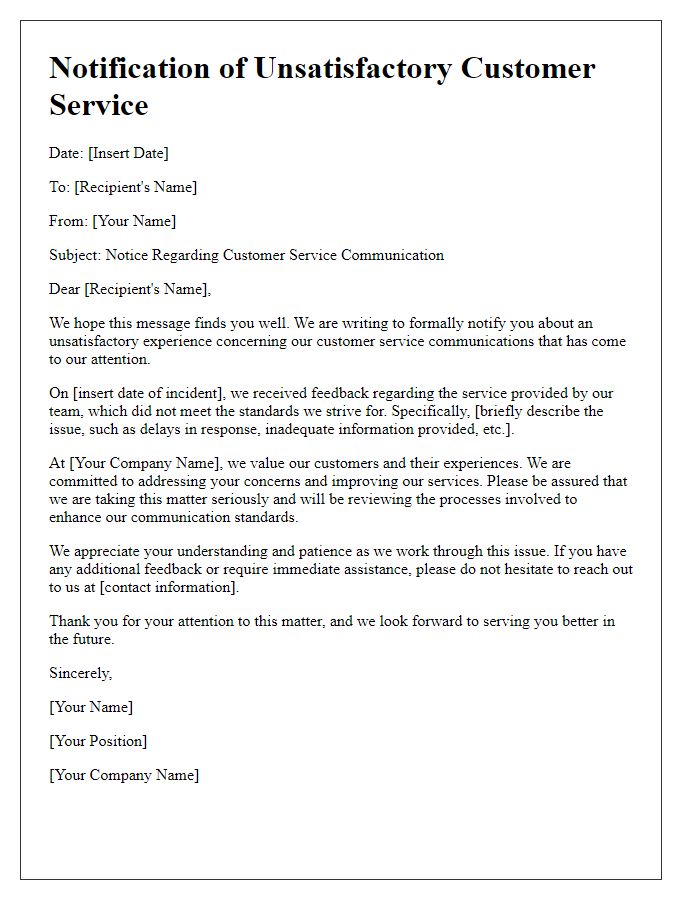 Letter template of notification about unsatisfactory customer service communication