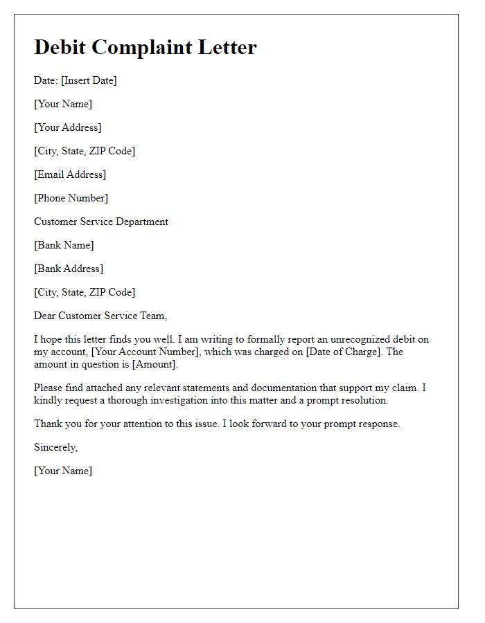 Letter template of unrecognized debit complaint