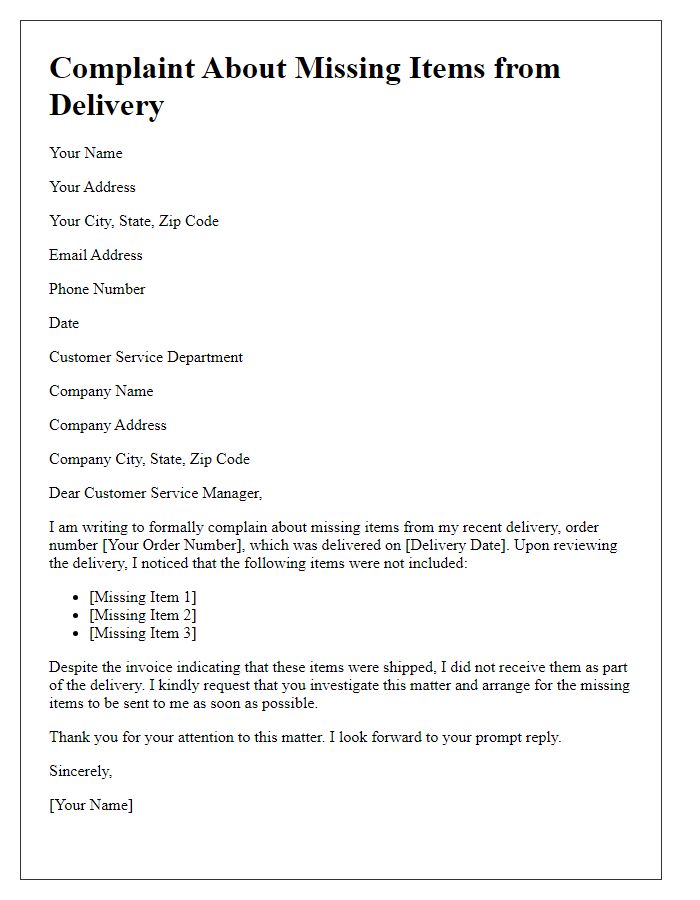 Letter template of complaint about missing items from delivery.