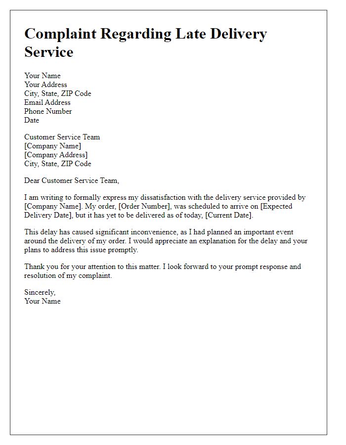 Letter template of complaint regarding late delivery service.