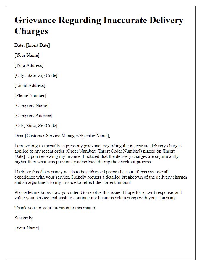 Letter template of grievance regarding inaccurate delivery charges.